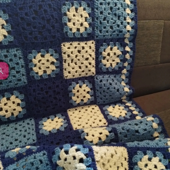 Granny Blue & White Square Afghan Crochet Throw Blanket 54”x94” Vintage Handmade - Picture 3 of 5